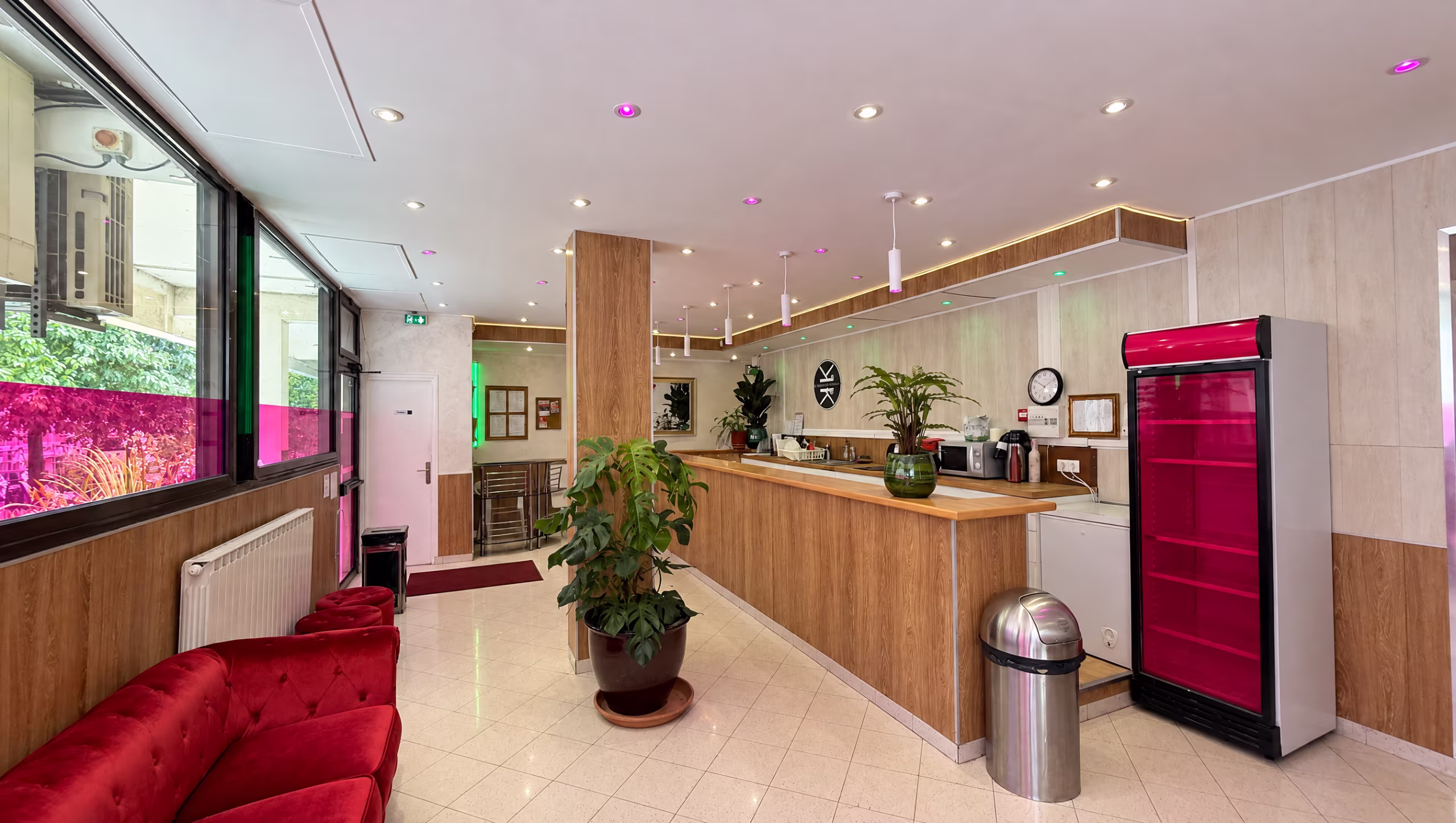 Accueil du Studio des Rigoles : long comptoir en bois et plantes vertes, coin cuisine avec micro-ondes, vitrine réfrigérée rouge, canapé de velours rouge le long des baies vitrées, sol carrelé clair.
