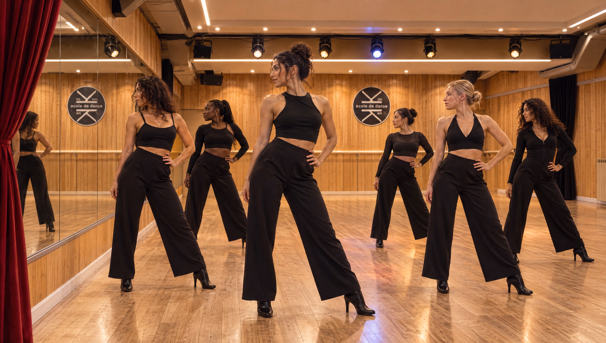 Heels : six femmes en tenue noire et bottines à talons posent face au miroir du Studio des Rigoles, rideau rouge au premier plan.