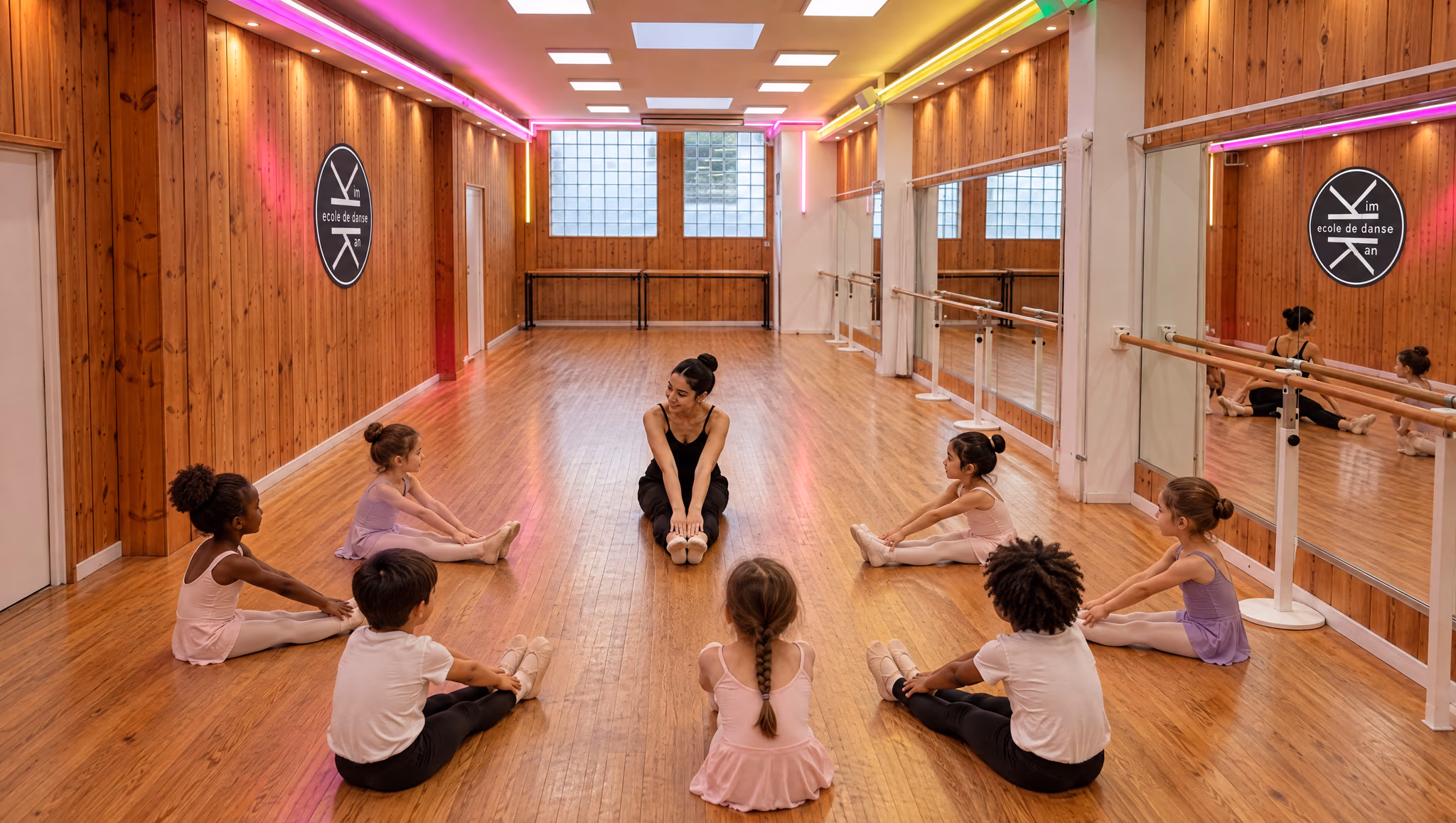 Initiation 6-7 ans : enfants assis en cercle, jambes tendues, face à leur professeure, salle 1 de Gambetta sous les rubans lumineux roses et verts.