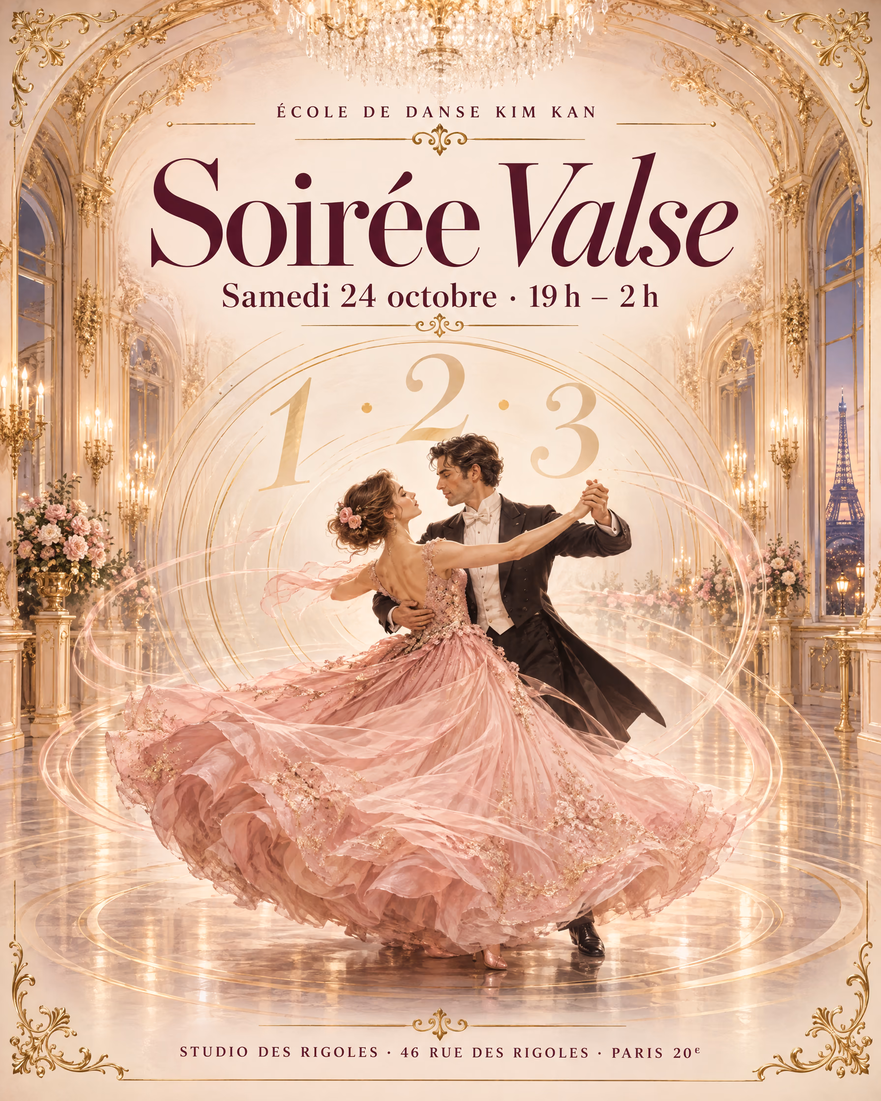 Affiche de la soirée valse : dans une salle de bal ivoire et or sous un lustre de cristal, un couple tourne en valse, la danseuse en robe de bal rose poudré dont la jupe s’ouvre en spirale, le danseur en habit noir ; derrière eux, en lettres dorées, « 1 · 2 · 3 ». École de danse Kim Kan, Soirée Valse, samedi 24 octobre, 19 h – 2 h, Studio des Rigoles, 46 rue des Rigoles, Paris 20ᵉ.