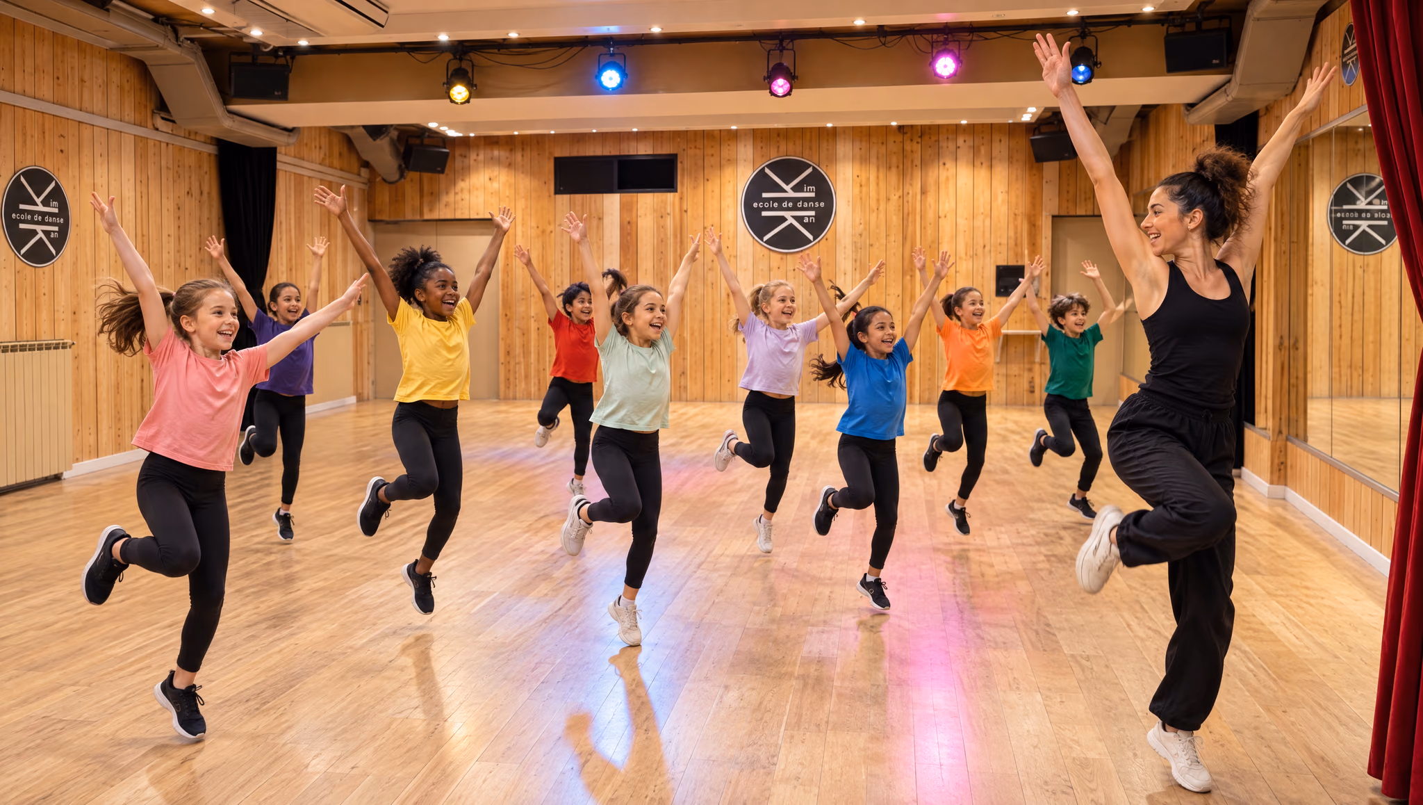 Jazz et modern enfants : dix enfants sautent bras levés avec leur professeure au Studio des Rigoles, lambris et projecteurs colorés.