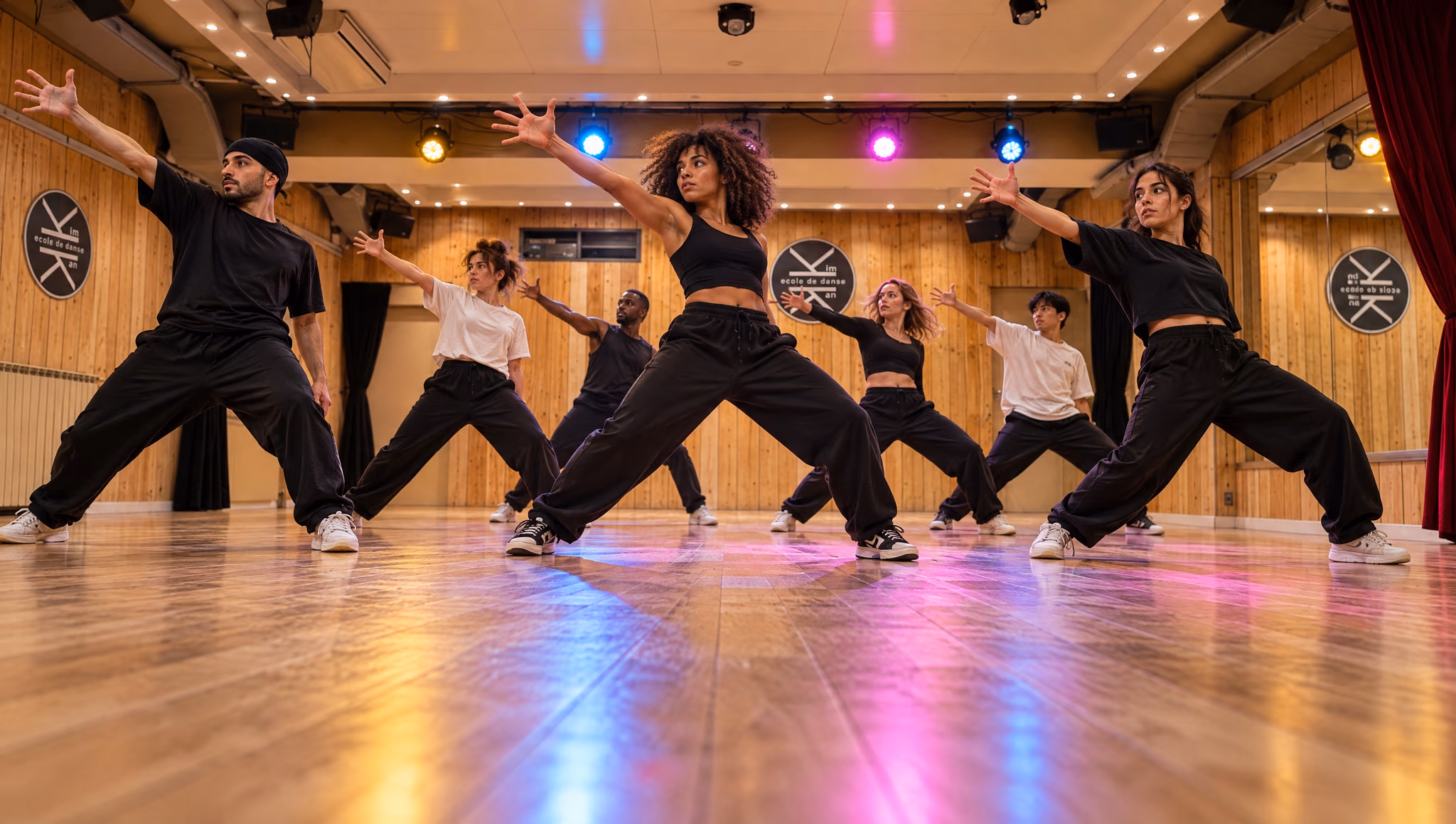 Street jazz adultes : sept danseurs en ligne, figés dans la même pose, sous les projecteurs colorés du Studio des Rigoles.