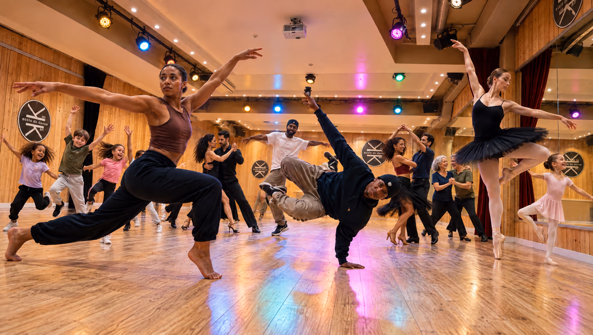 Image d’illustration : toute l’école sur le parquet du Studio des Rigoles. Des enfants sautent bras levés, des couples dansent le tango et la salsa, une danseuse contemporaine, un breakdancer et une danseuse classique au premier plan ; lambris, rideau rouge, miroirs et projecteurs colorés.