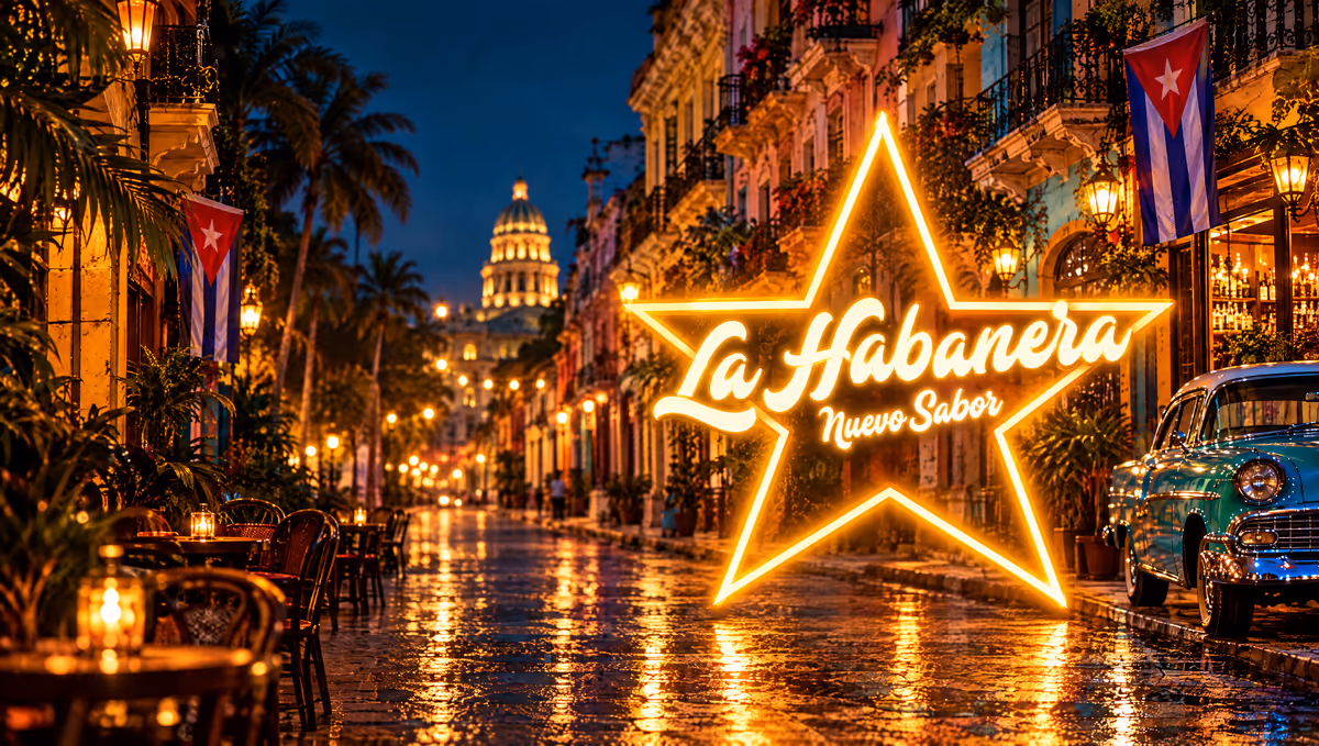 Déclinaison de l’affiche de La Habanera, Nuevo Sabor : l’étoile néon et le logo de la soirée dans une rue de La Havane la nuit, façades colorées, drapeaux cubains, voiture américaine des années 1950.